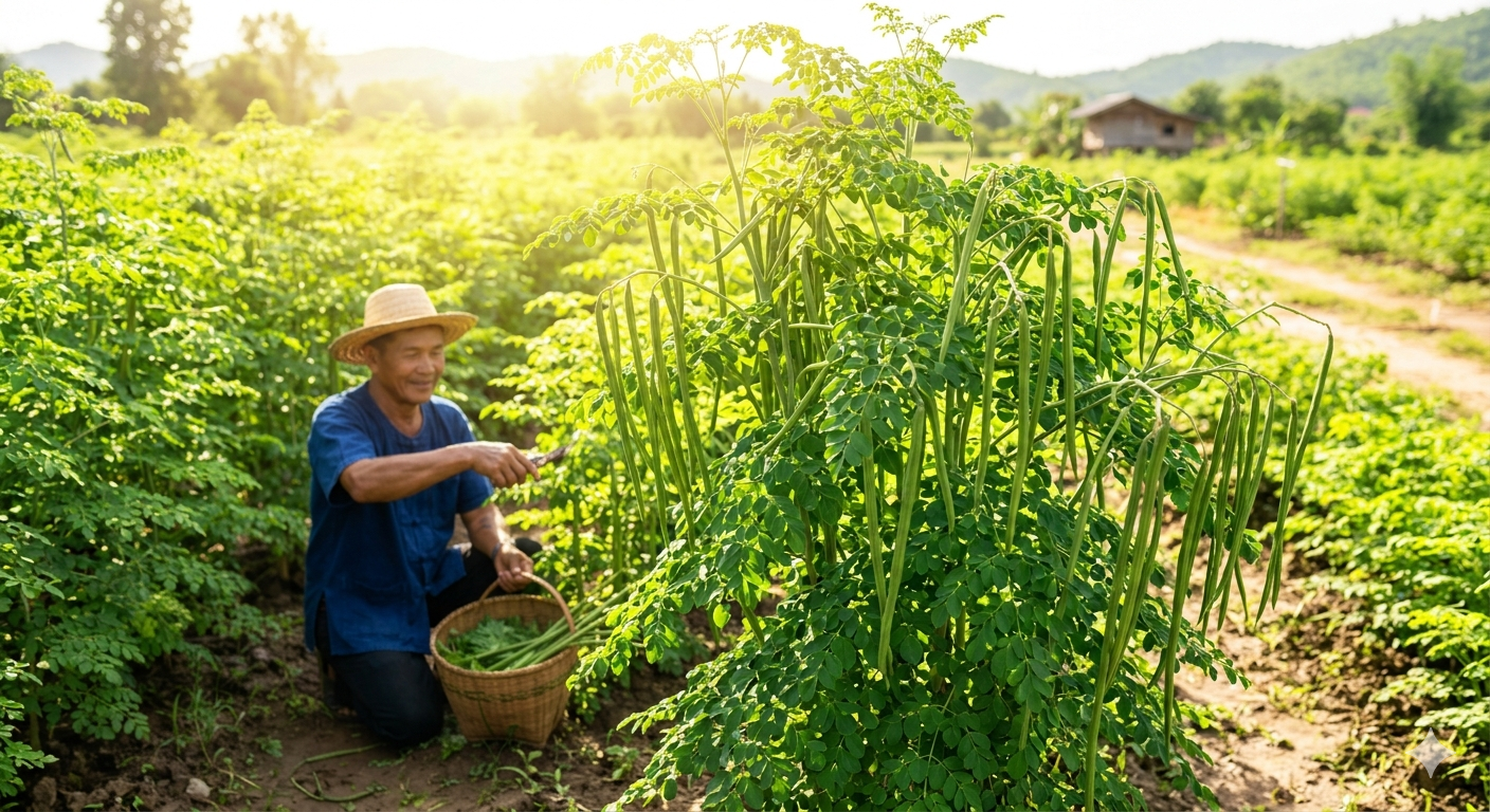Un granjero cuidando de una planta de Moringa en una granja soleada, rodeado de hojas verdes y largas vainas llamadas "drumsticks" bajo una luz brillante.