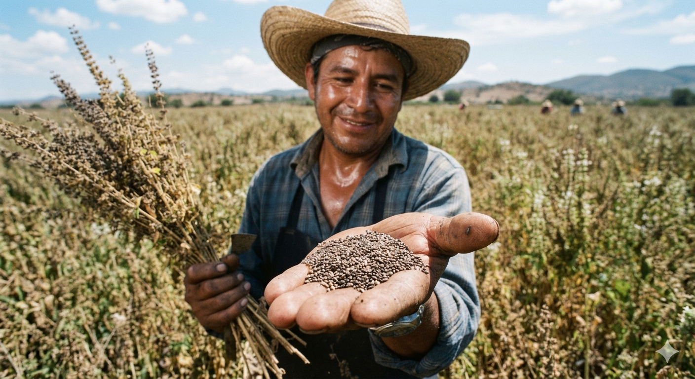 Chia Seed. Primer plano de un agricultor sonriente con sombrero de paja mexicano, que sostiene un puñado de semillas de chía en su mano extendida hacia la cámara. Con la otra mano sujeta un manojo de plantas de chía secas, mientras posa en un campo agrícola soleado bajo un cielo azul con nubes.이