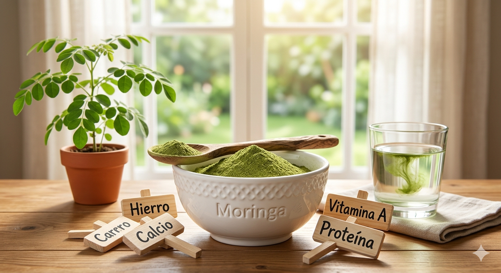 Un tazón blanco en primer plano lleno de polvo verde de Moringa con una cuchara de madera encima, acompañado de un vaso de agua, una pequeña planta y letreros de madera con las palabras 'Hierro', 'Calcio', 'Vitamina A' y 'Proteína' sobre una mesa frente a una ventana luminosa.