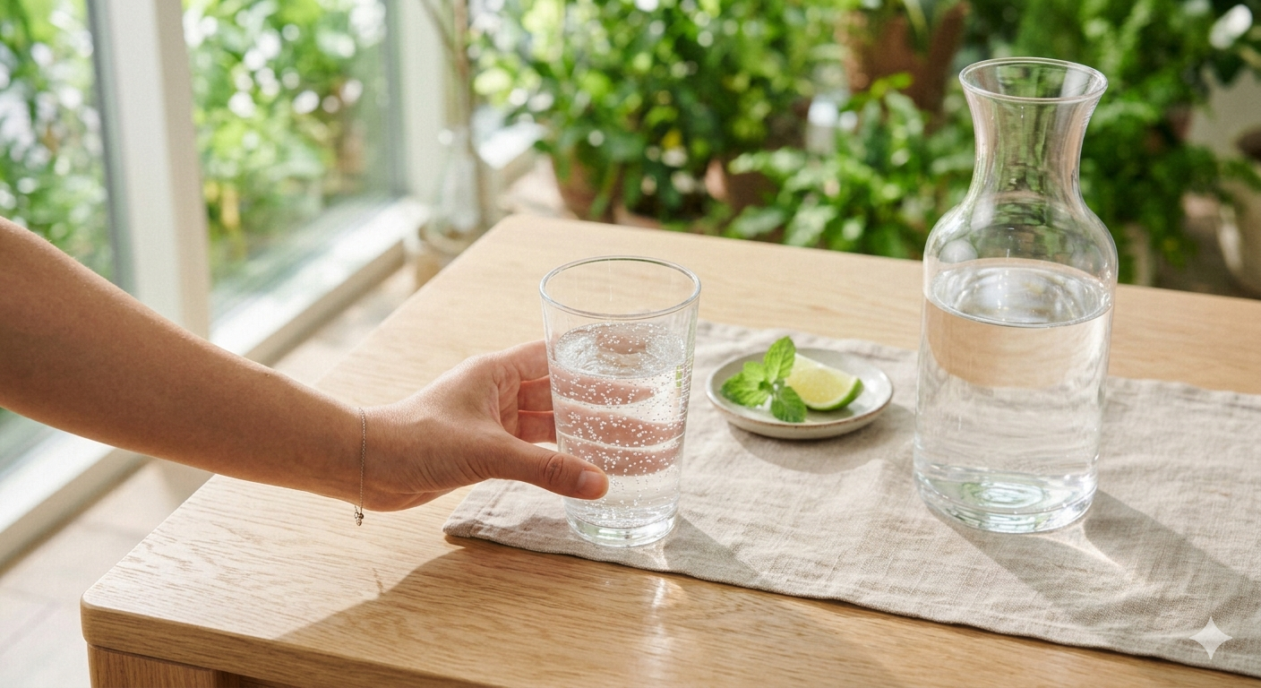 La importancia de tomar agua. Una mano sosteniendo un vaso de agua pura y fresca sobre una mesa de madera, con una jarra de cristal y una rodaja de limón al lado, fondo verde natural brillante.