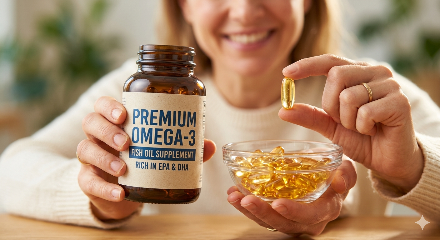 Primer plano de una mujer sosteniendo un frasco de suplemento con la etiqueta "PREMIUM OMEGA-3" y una cápsula blanda dorada en la mano, con un tazón lleno de cápsulas sobre la mesa.