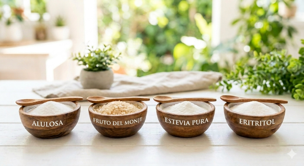 Cuatro cuencos de madera con endulzantes naturales (Alulosa, Fruto del Monje, Estevia Pura y Eritritol) rotulados en letras blancas con cucharas de madera, ideales para preparar aguas frescas sin culpa, sobre una mesa blanca con fondo verde brillante y luminoso.