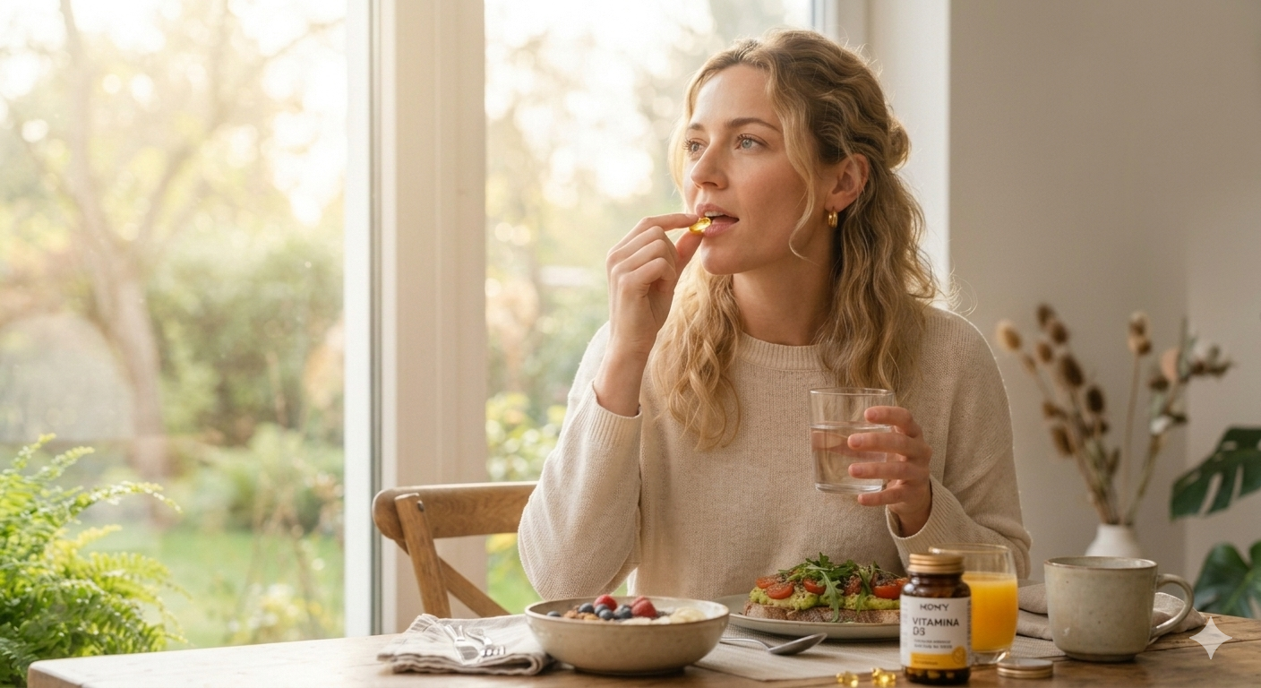 Una mujer rubia sentada junto a una ventana por la mañana, tomando una cápsula de Vitamina D3 con un vaso de agua, con un desayuno saludable sobre la mesa.