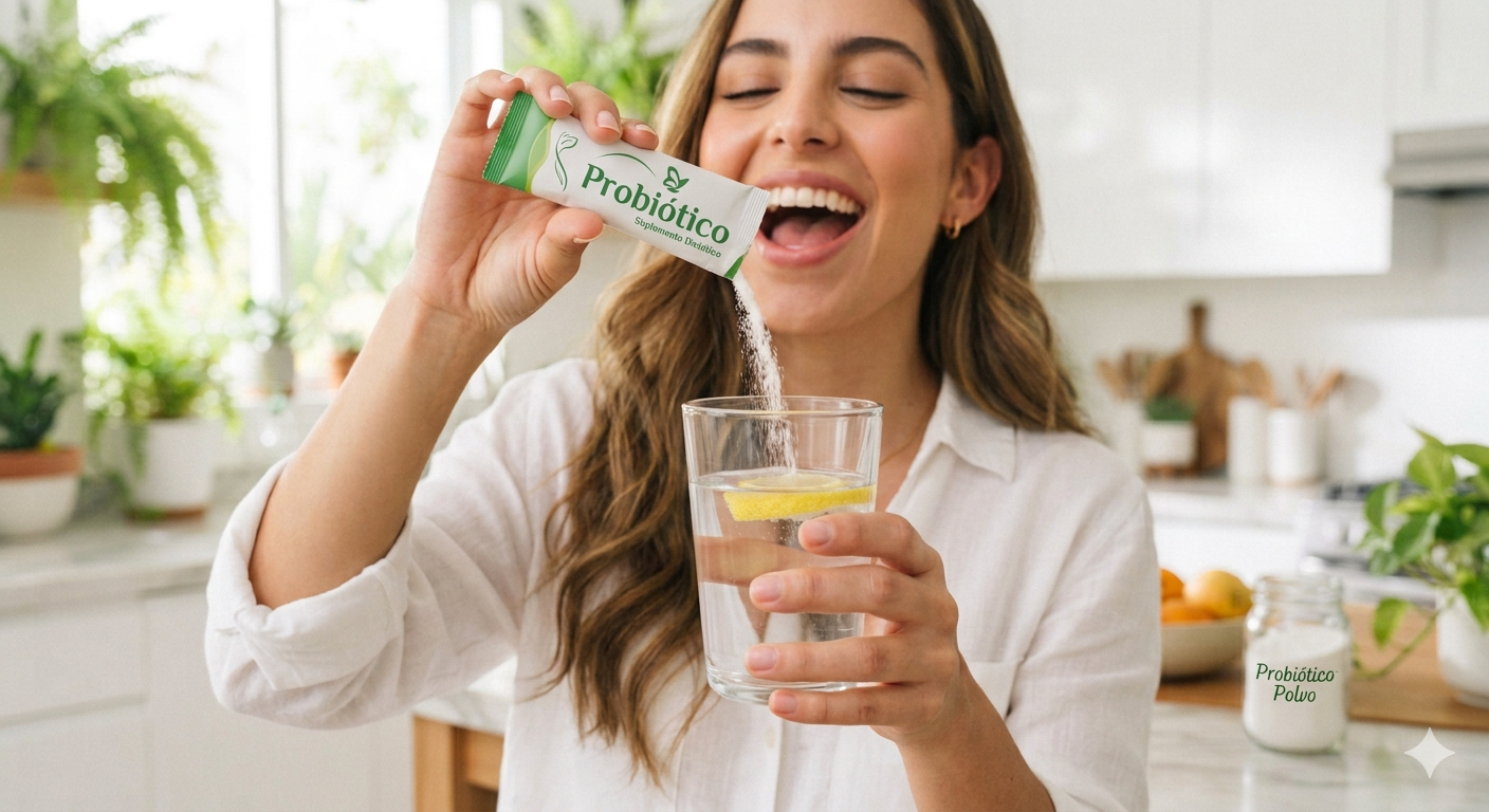 "Un primer plano de una joven mujer blanca sonriente con la boca abierta, en una cocina luminosa y limpia de tonos blancos. En una mano sostiene un vaso de agua transparente con una rodaja de limón, y con la otra inclina un sobre de probiotico con un diseño verde y blanco. En el frente del sobre se lee claramente la palabra 'Probiótico', transmitiendo una atmósfera fresca y saludable."