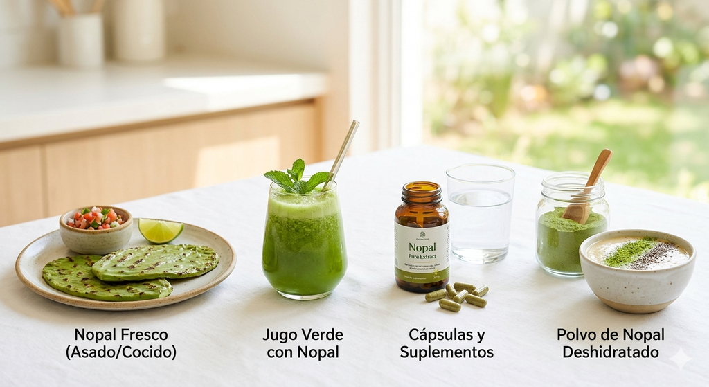 Cuatro diferentes formatos para consumir nopal ordenados sobre una mesa con mantel blanco: nopal fresco asado, jugo verde con nopal, cápsulas de suplemento alimenticio y polvo deshidratado en un frasco de vidrio.