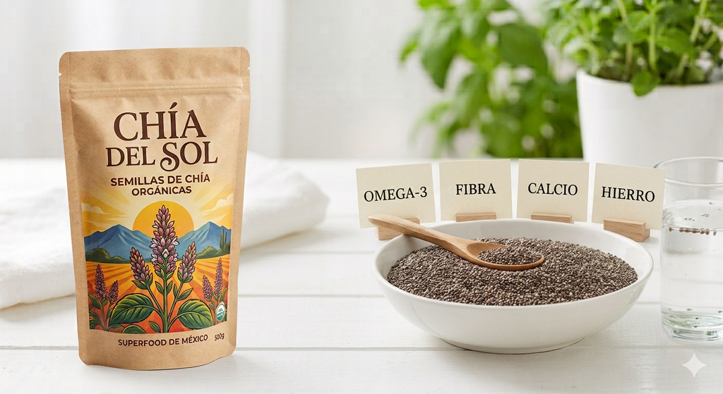 Una composición limpia en chia seed. A la izquierda, se muestra un paquete de pie de "CHÍA DEL SOL" independiente y bien colocado. A la derecha, un tazón blanco grande y plano lleno de semillas de chía con una cuchara de madera encima. Detrás del tazón, se alinean cuatro tarjetas separadas que muestran claramente los nutrientes: "OMEGA-3", "FIBRA", "CALCIO" y "HIERRO". Al lado derecho hay un vaso de agua transparente, todo con un fondo fresco de plantas verdes difuminadas.