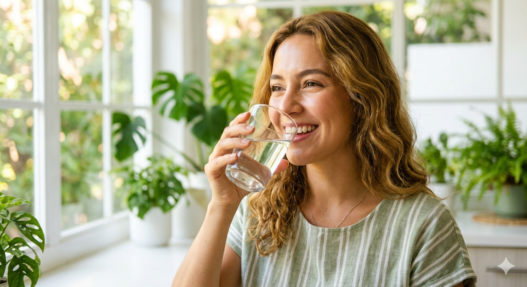 la importancia de tomar agua. Una hermosa mujer mexicana de tez clara sonriendo alegremente mientras toma un vaso de agua pura, en un ambiente luminoso y soleado con fondo verde y blanco difuminado que transmite salud y bienestar.