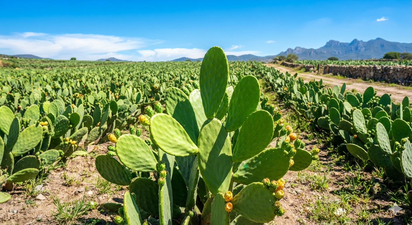 Cultivo orgánico de nopal fresco en un campo mexicano, ideal para aprovechar los beneficios del nopal para la salud.