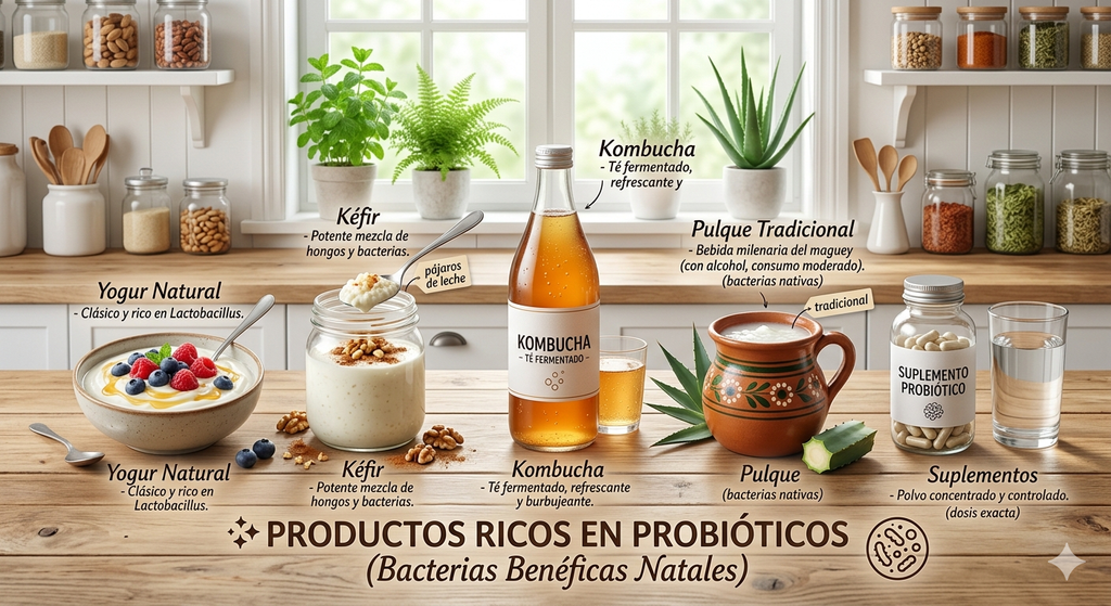 "Una imagen informativa y brillante con el título principal 'PRODUCTOS RICOS EN PROBIÓTICOS (Bacterias Benéficas Natales)' en la parte inferior. Sobre una mesa de madera clara, se alinean de izquierda a derecha cinco fuentes de probióticos con etiquetas descriptivas en español: un tazón de Yogur Natural con frutos rojos y miel; un frasco de Kéfir con nueces; una botella y un vaso de Kombucha burbujeante; una taza de barro tradicional con Pulque junto a un trozo de maguey; y un frasco transparente de Suplemento Probiótico en cápsulas al lado de un vaso de agua. Al fondo se observa una cocina acogedora e iluminada con plantas verdes en la ventana."