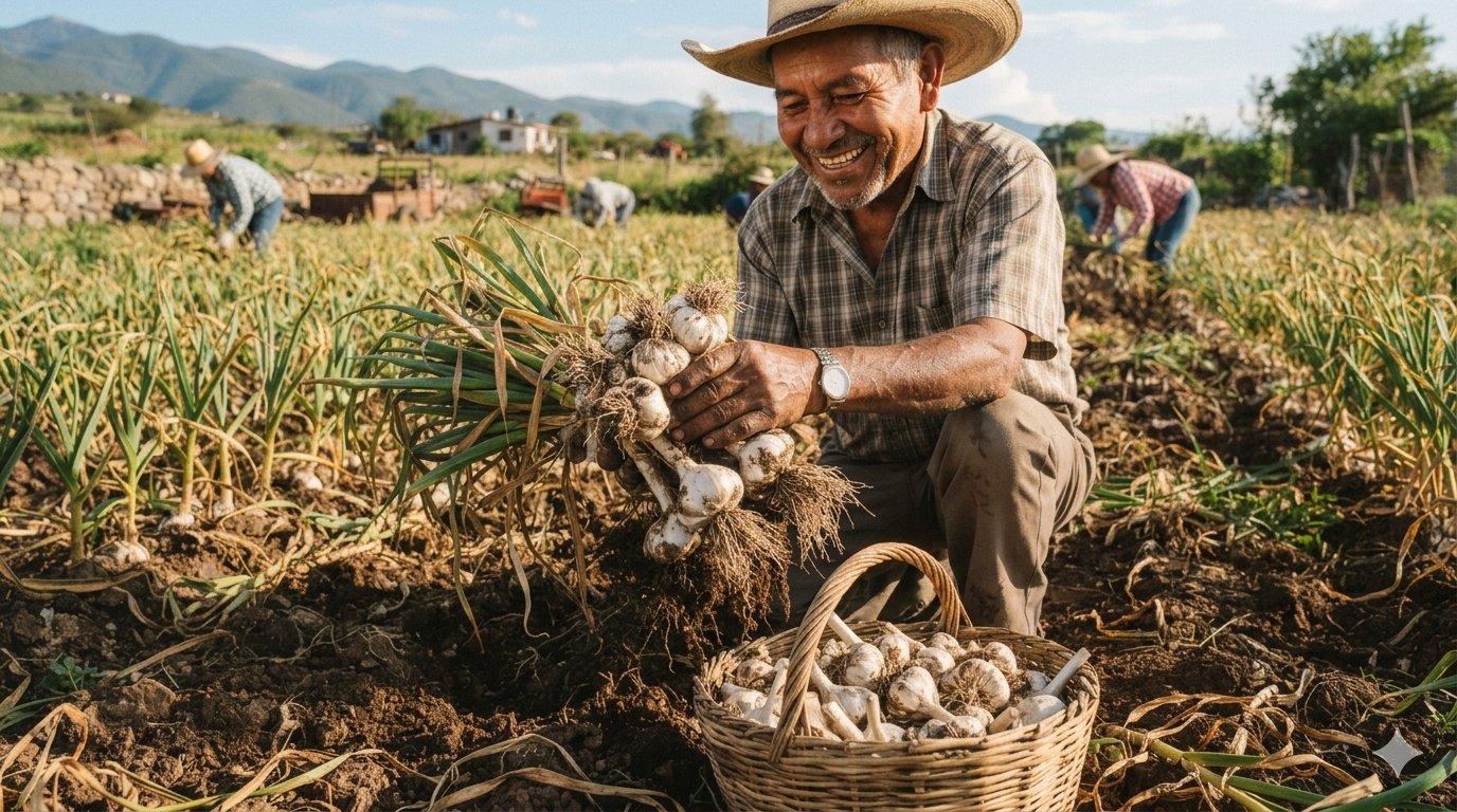 Un agricultor sonriente con sombrero de paja cosechando un gran manojo de ajos frescos en un campo soleado, con una canasta llena de ajos en primer plano.