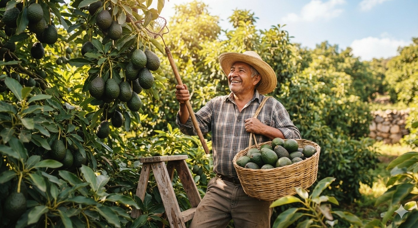 Un agricultor mexicano sonriente cosechando aguacates frescos con una canasta de mimbre en un huerto soleado.