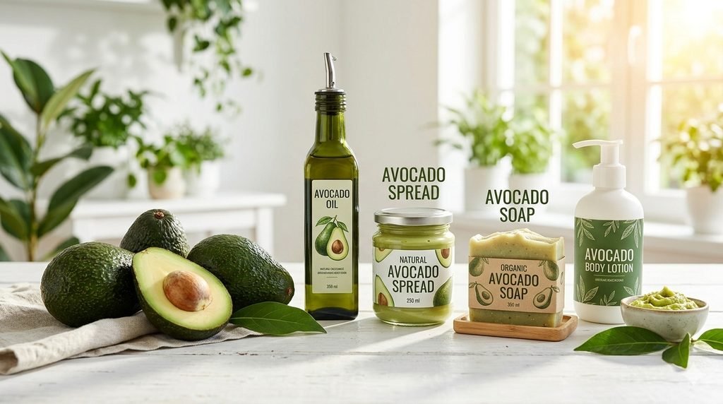Una variedad de productos a base de aguacate que incluyen aceite, untable natural, jabón orgánico y loción corporal junto a aguacates frescos.