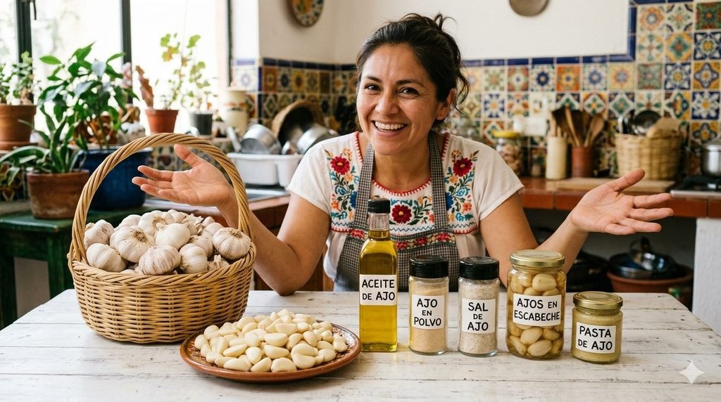 Una ama de casa mexicana sonriente en su cocina, mostrando un bocal de ajo fresco en una canasta de mimbre, un plato lleno de dientes de ajo pelados y cinco productos a base de ajo (aceite, ajo en polvo, sal de ajo, ajos en escabeche y pasta de ajo) sobre una mesa blanca.