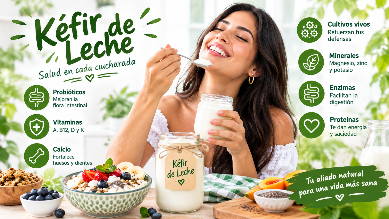 Una mujer mexicana disfruta del kéfir de leche con una sonrisa, rodeada de frutas frescas y elementos naturales que destacan sus proteínas, calcio, vitaminas y cultivos vivos.