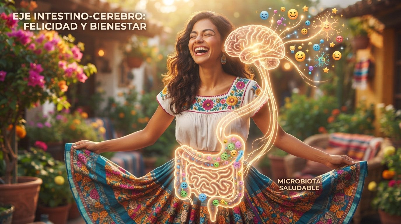 Infografía del eje intestino-cerebro y microbiota saludable con una mujer mexicana feliz que representa la salud intestinal, el bienestar mental y la felicidad.