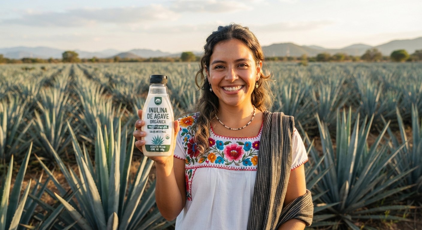 alt="Una mujer mexicana sonriente vestida con ropa tradicional sosteniendo un frasco de Inulina de Agave Orgánica en medio de un gran campo de agaves azules en México"