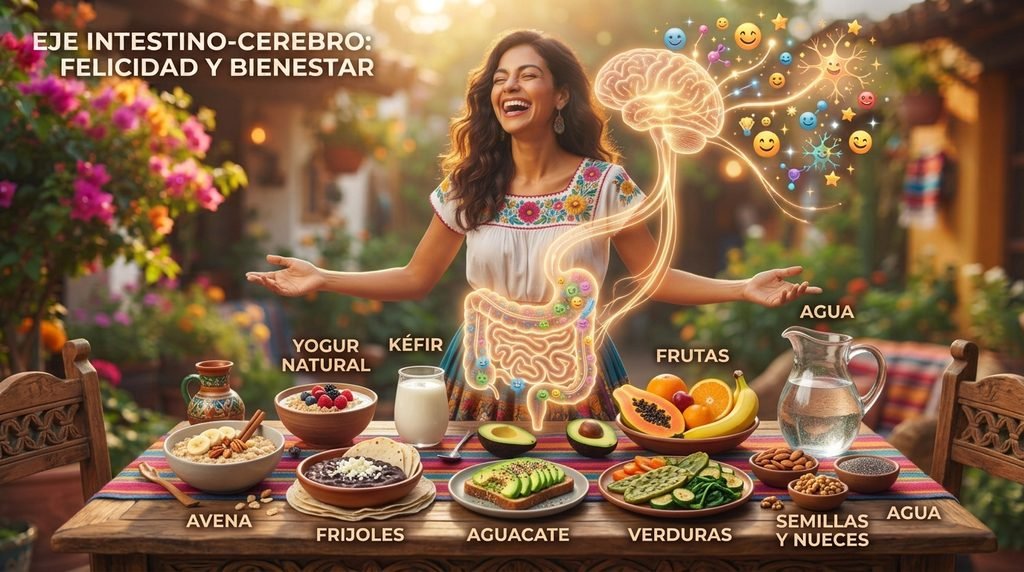 Una mujer mexicana feliz frente a una mesa con los nueve alimentos para cuidar la microbiota intestinal, incluyendo avena, yogur, kéfir, frijoles y aguacate, con una infografía luminosa que ilustra el eje intestino-cerebro.