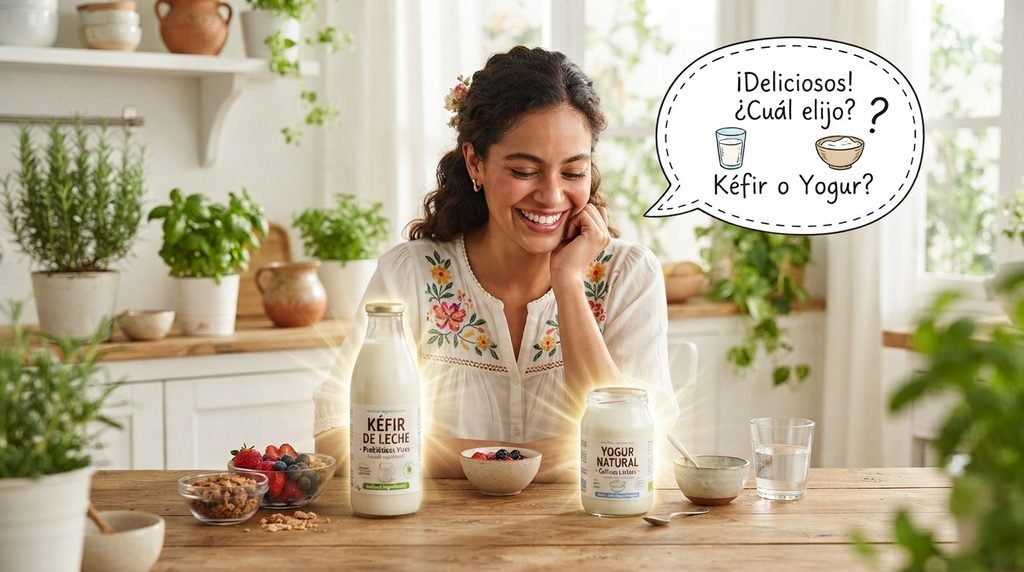 Una mujer mexicana sonriente sentada en una cocina brillante, dudando alegremente entre una botella de kéfir de leche y un frasco de yogur natural sobre una mesa de madera. Ambos productos de salud intestinal están iluminados con un efecto de brillo dorado para destacar.