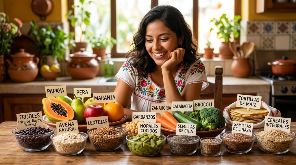 Ingredientes altos en fibra para la salud intestinal y la microbiota. Se muestran frijoles negros, avena natural, papaya, nopales cocidos, lentejas, garbanzos, semillas de chía y tortillas de maíz en una mesa, con una mujer mexicana feliz al fondo decidida a comer saludable.
