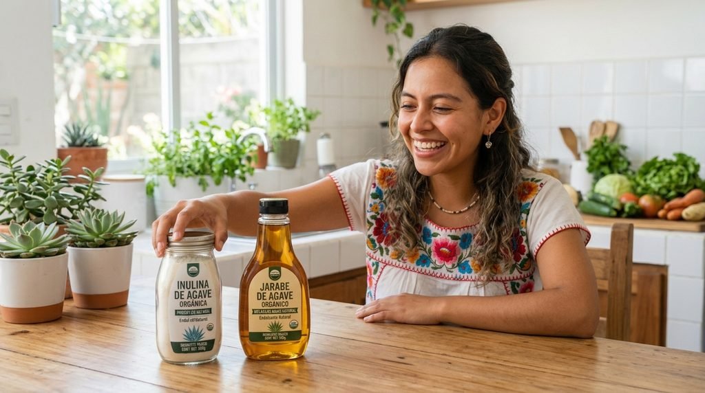 alt="Una mujer latina sonriente en una cocina brillante eligiendo un frasco de Inulina de Agave Orgánica junto a una botella de Jarabe de Agave sobre una mesa de madera"

