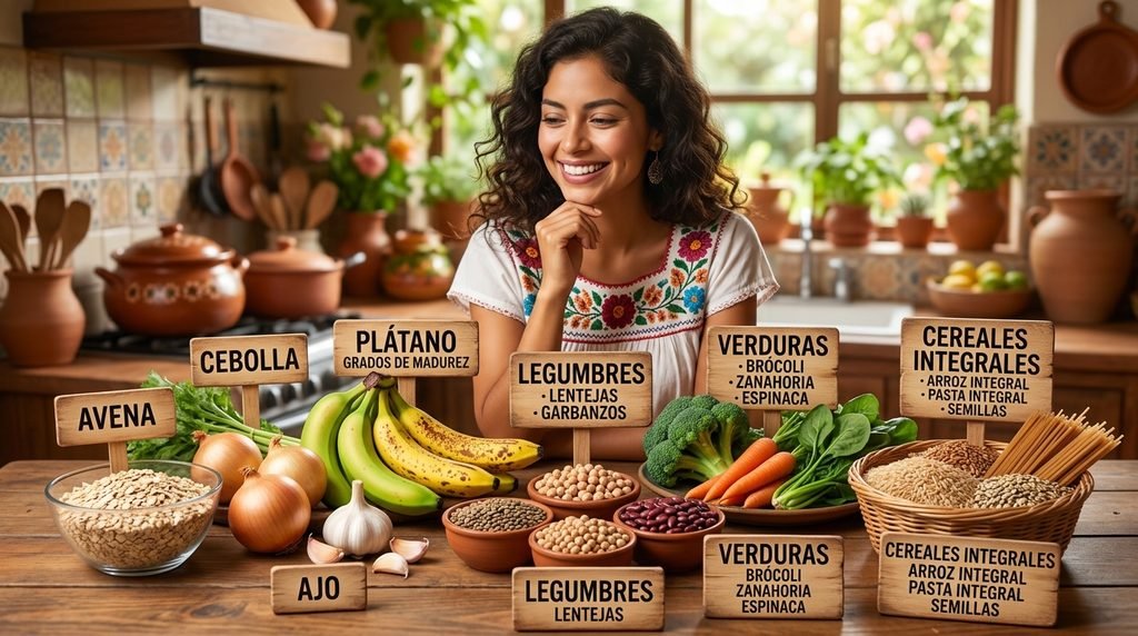 Alimentos prebióticos esenciales para la microbiota y la digestión. Una mesa con avena, cebolla, ajo, plátano, legumbres y cereales integrales etiquetados con sus nombres, con una hermosa mujer mexicana pensando alegremente qué comer en el fondo.

