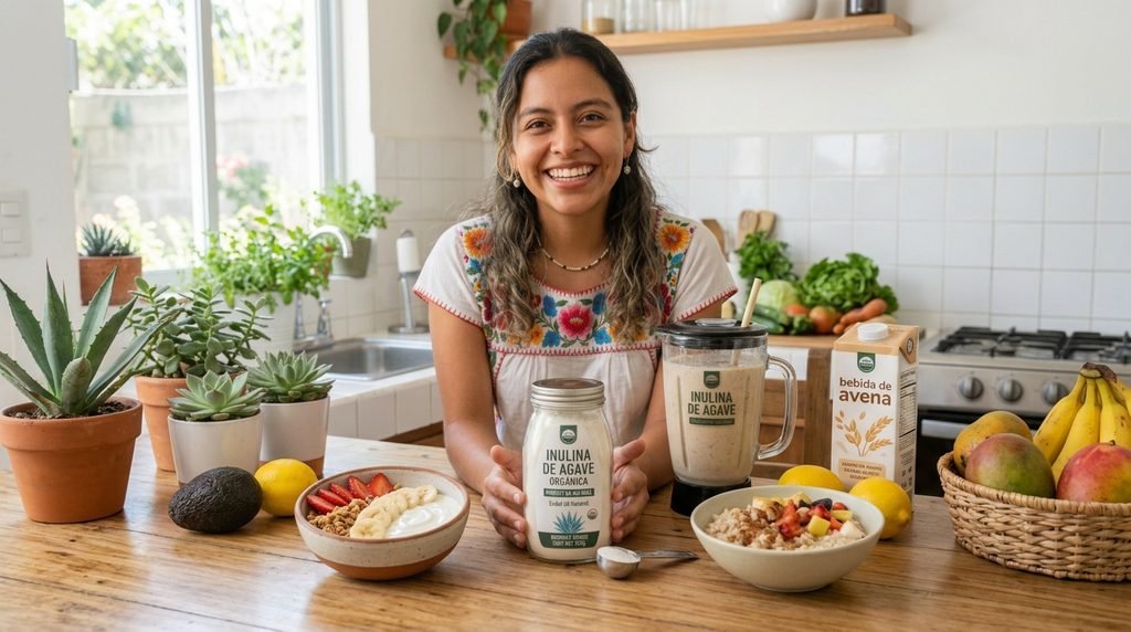 alt="Una mujer latina sonriente presentando un frasco de Inulina de Agave Orgánica en polvo en una cocina, rodeada de opciones saludables para el desayuno como yogur natural con frutas, licuado de avena, aguacate y limón fresco"
