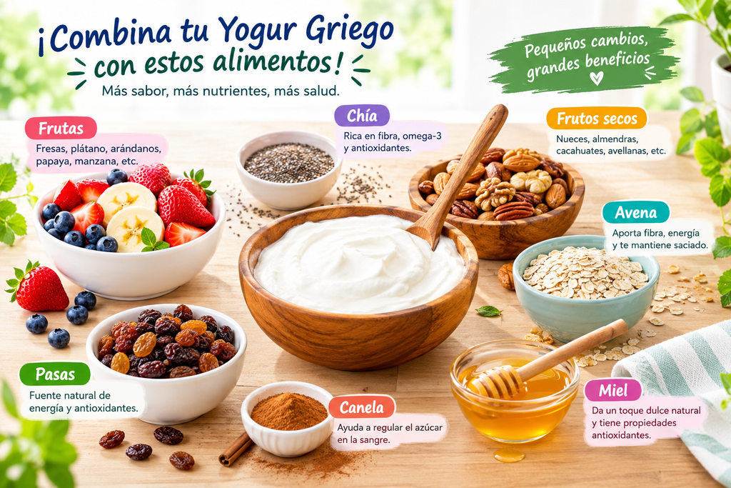 Yogur griego en un tazón de madera rodeado de frutas, chía, frutos secos, avena, pasas, canela y miel, con los nombres de los alimentos en español sobre una mesa de madera clara y un fondo fresco y luminoso.
