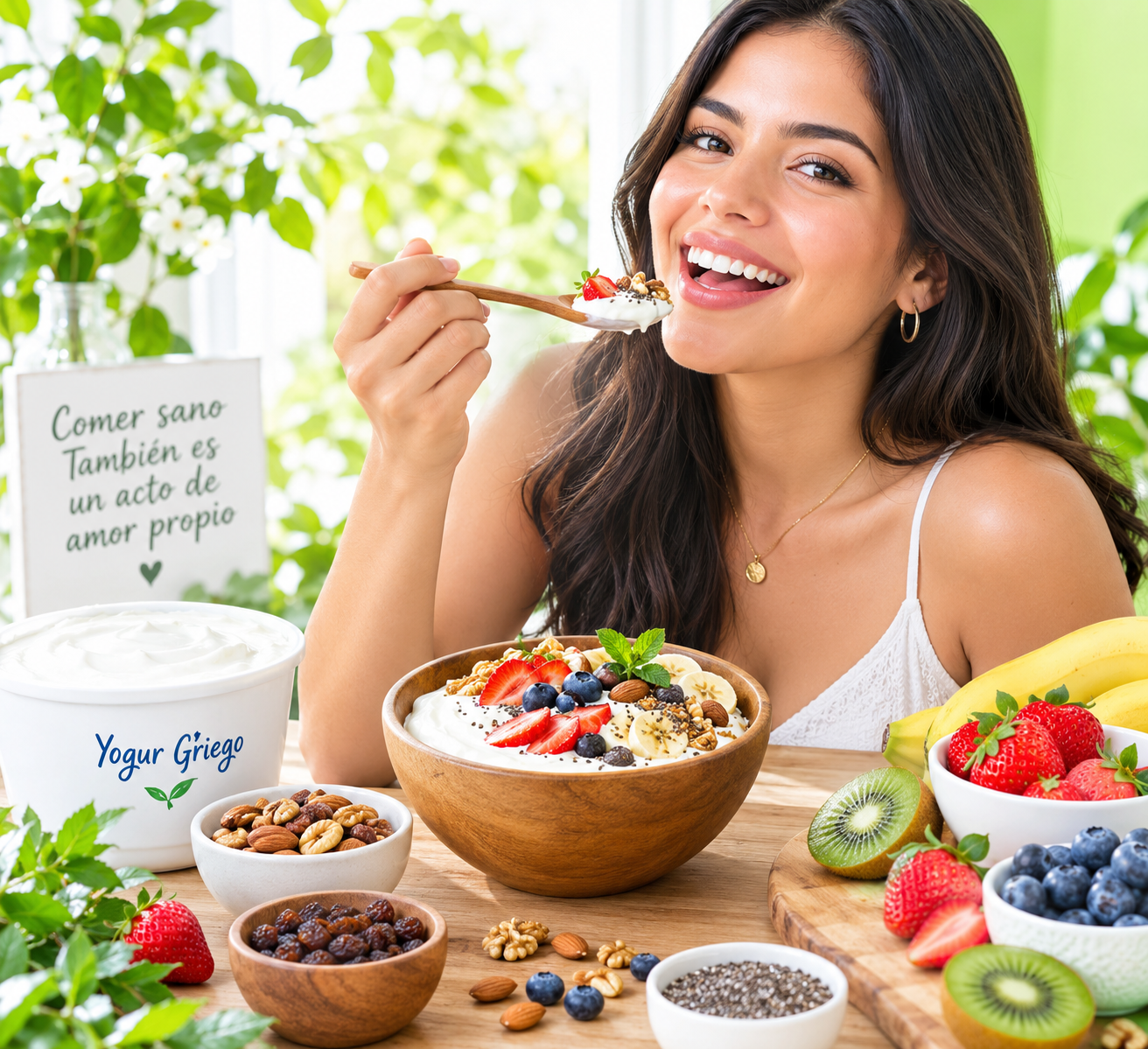 Mujer mexicana feliz comiendo yogur griego con frutas, frutos secos y pasas en un tazón de madera sobre una mesa de madera, con un fondo blanco y verde fresco.