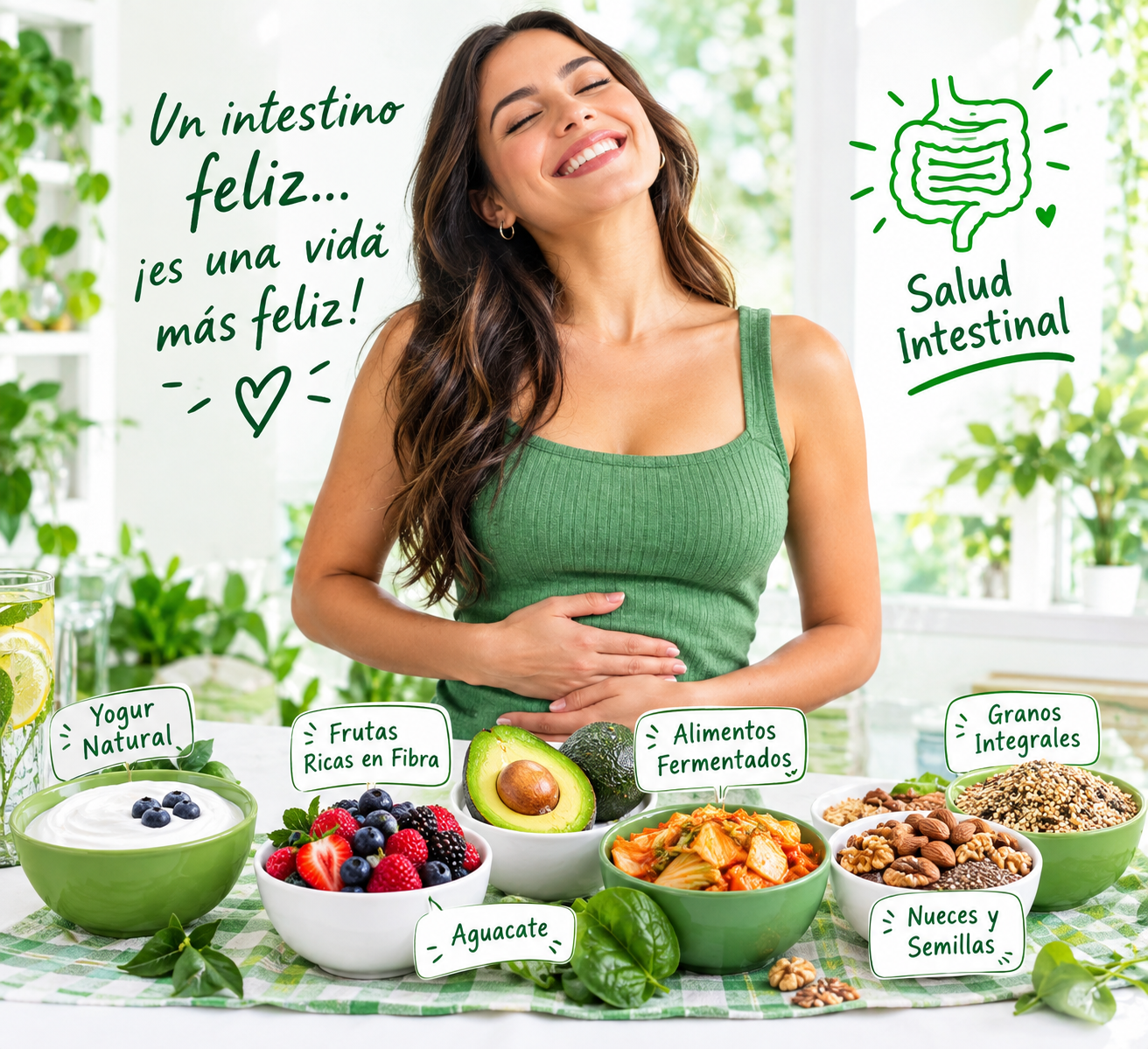 Mujer mexicana sonriente disfrutando de una buena salud intestinal, rodeada de alimentos saludables como yogur natural, frutos rojos, aguacate, verduras fermentadas, nueces, semillas y granos integrales sobre una mesa blanca y verde.